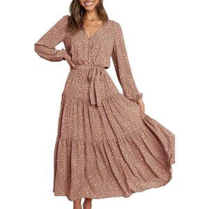 PrettyGarden Women Khaki Polyester V Neck Long Sleeve Floral Maxi Dress